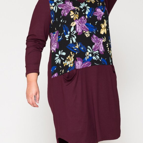 Plus Size Burgundy Floral Long Sleeve Spring Color Blocked Midi Dress - Picture 4 of 5
